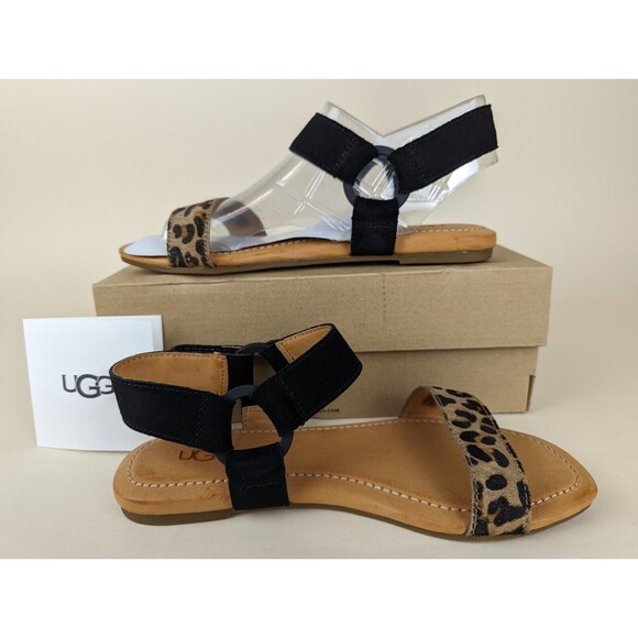 UGG Rynell Leopard Flat Sandals Womens 6M Black Leopard Ankle Strap Shoes NWB - Picture 1 of 13